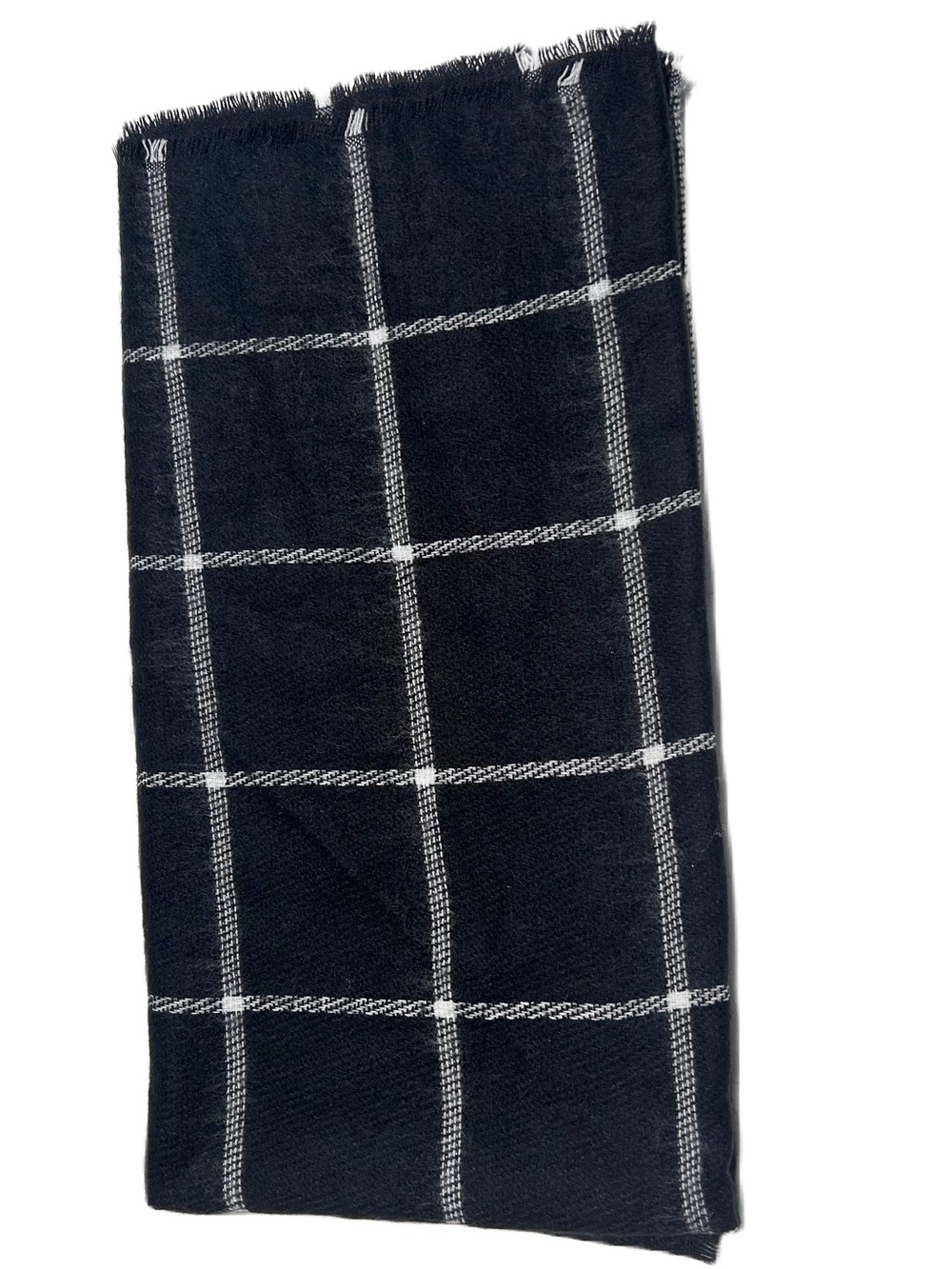 Black & White Windowpane Fringed Square Wool Blanket Scarf 50” x 50”